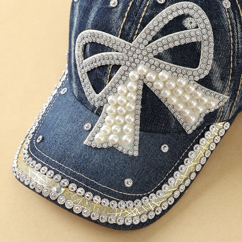 Bow pearl diamond denim baseball cap