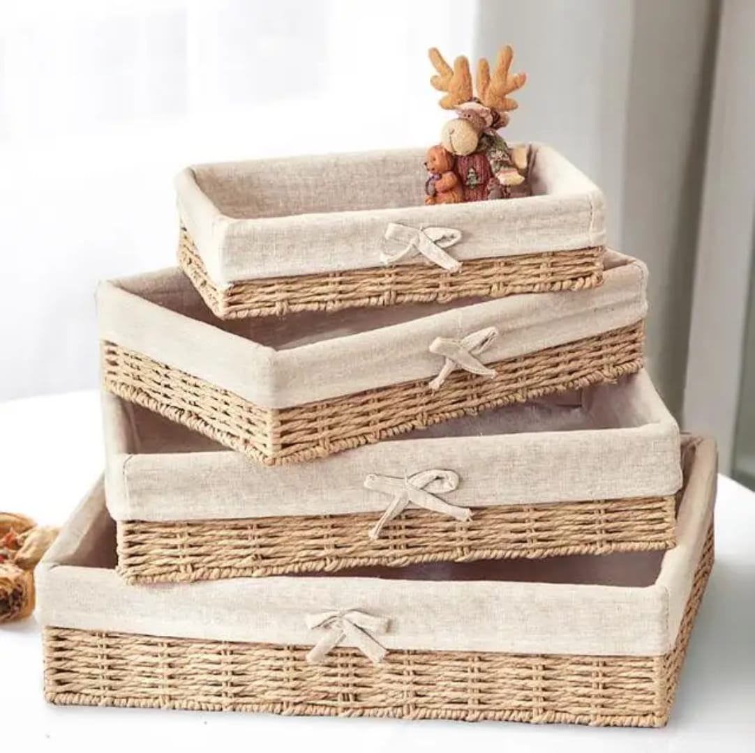 Rustic Woven Storage Basket Set with Fabric Lining (4pcs)
