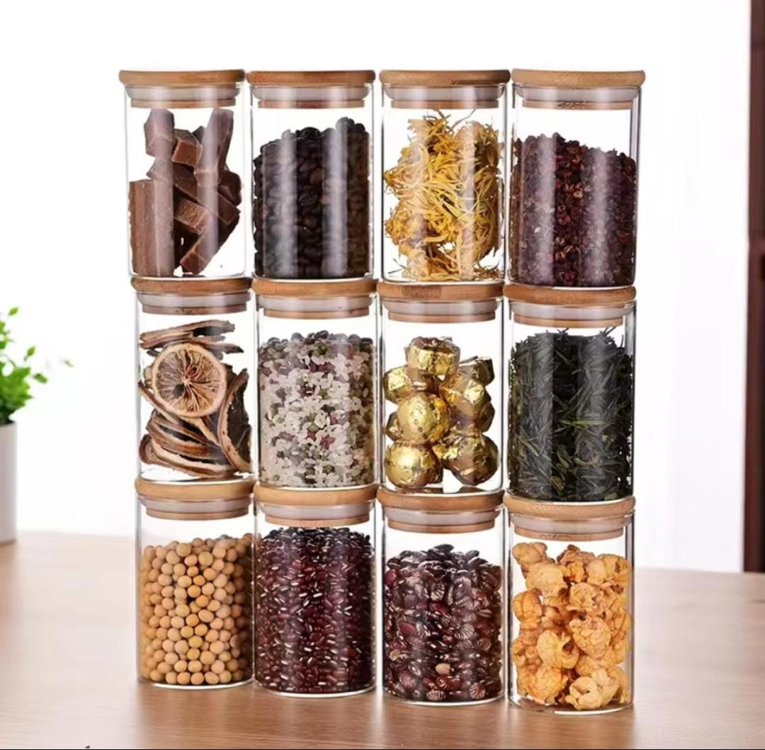 Glass spice jars with airtight bamboo lid 460ml 4pc set