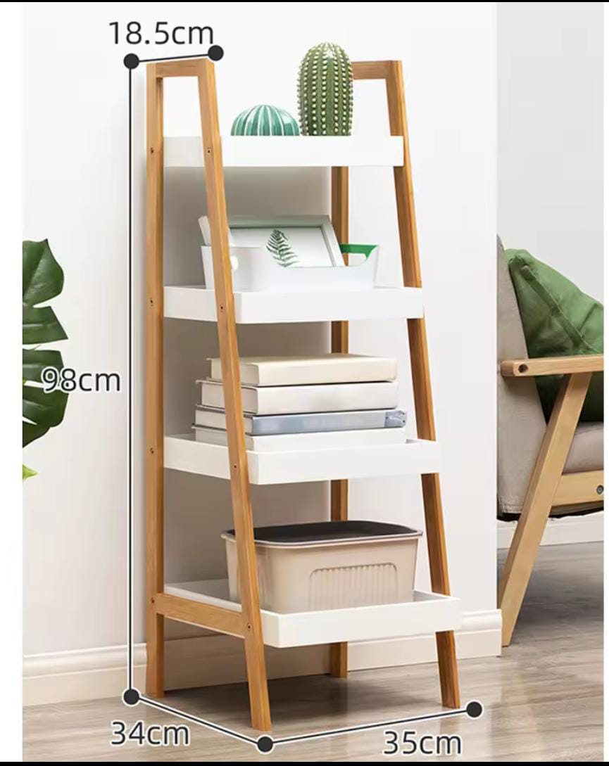 4 Tier Ladder Shelf Wood Storage Rack Shelving Unit Bathroom Shelf Freestanding Book Plant Storage Shelf Organizer for Living Room, Home Office