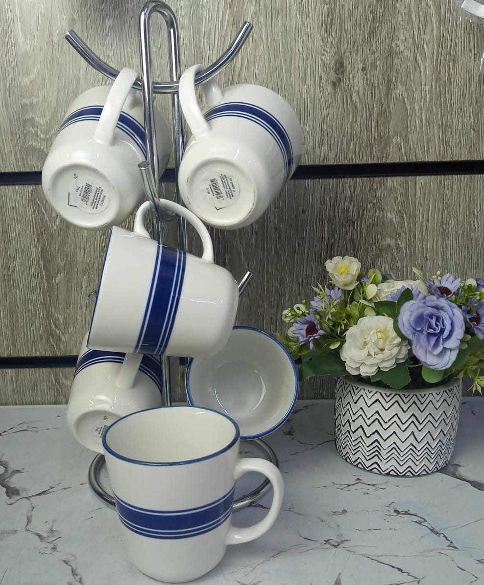 6pcs ceramic blue rim cup set l