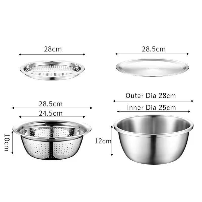 26cm 4PCS Set 304 colander Stainless Steel Bowl with Lid, Kitchen Cooking Salad Mixing Bowls Set Washing Drain Basket Soup Basin Strainer