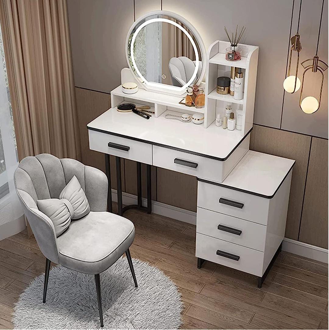 Dressing vanity table features a led lighting mirror, multiple drawers for storage and a spacious surface for all your cosmetics and beauty tools
Minimal sized