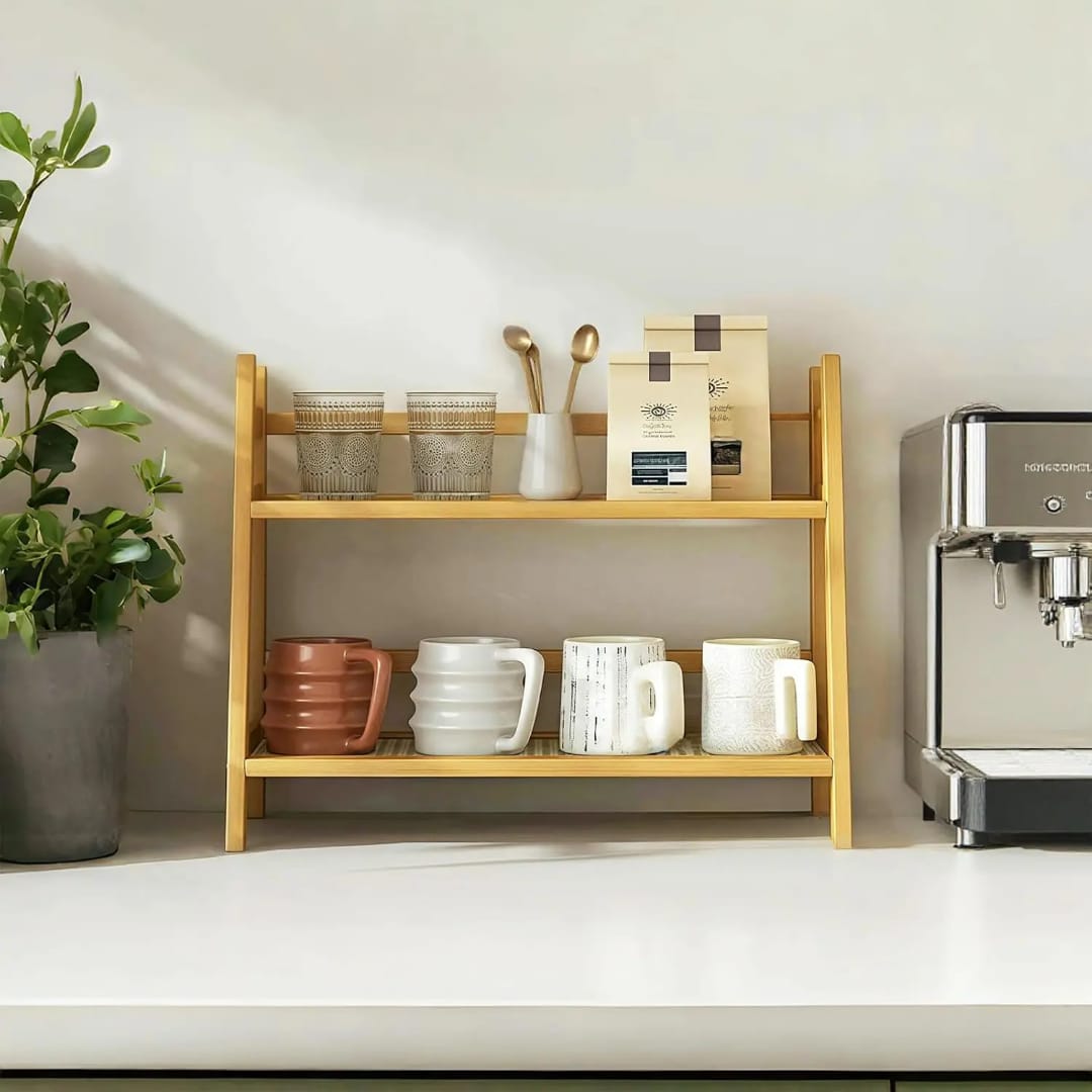 Multifunctional Bamboo Countertop Storage Rack with Stylish Rattan Shelves