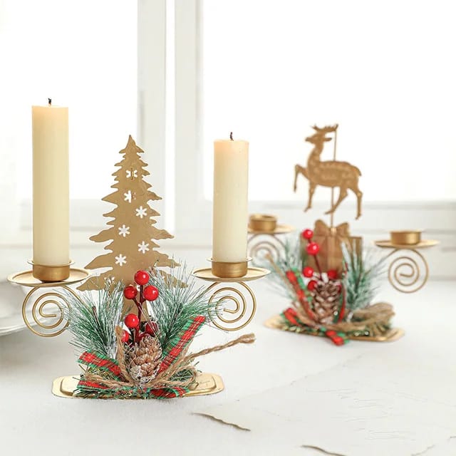 Christmas Candle Holder Santa Claus Elk tree Golden Iron