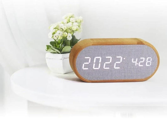 Wooden Digital Alarm Clock with wireless charging display, LED temperature, time & humidity display