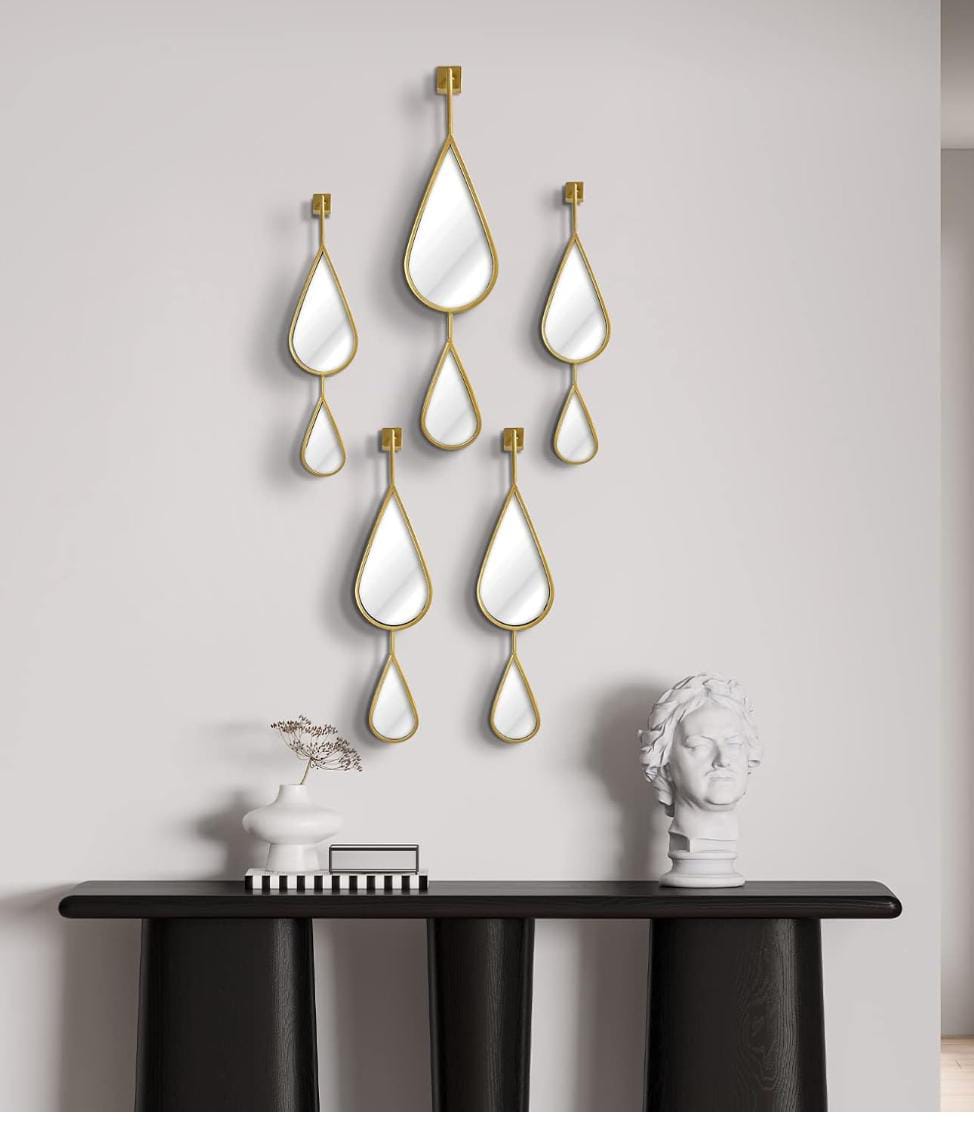 OUSHUAI Set of 5 Gold Teardrop Shaped Wall Mirrors for Living Room, Entryway, Hallway, Staircase, Fireplace