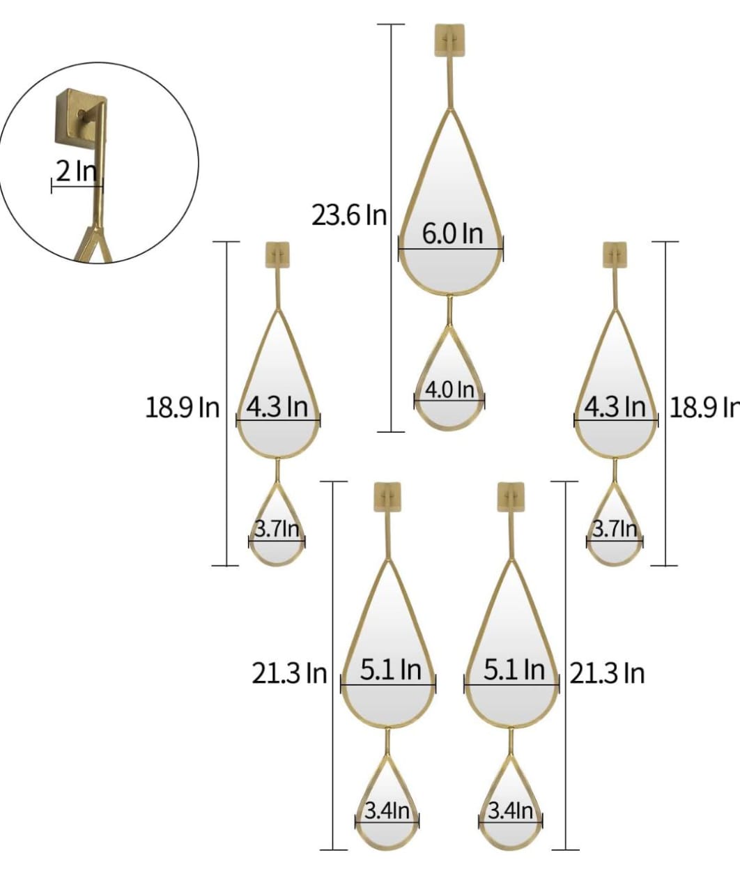 OUSHUAI Set of 5 Gold Teardrop Shaped Wall Mirrors for Living Room, Entryway, Hallway, Staircase, Fireplace