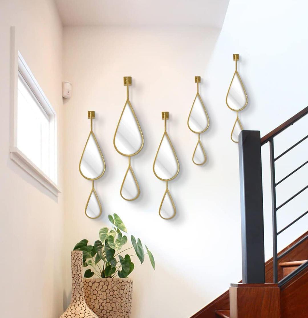OUSHUAI Set of 5 Gold Teardrop Shaped Wall Mirrors for Living Room, Entryway, Hallway, Staircase, Fireplace