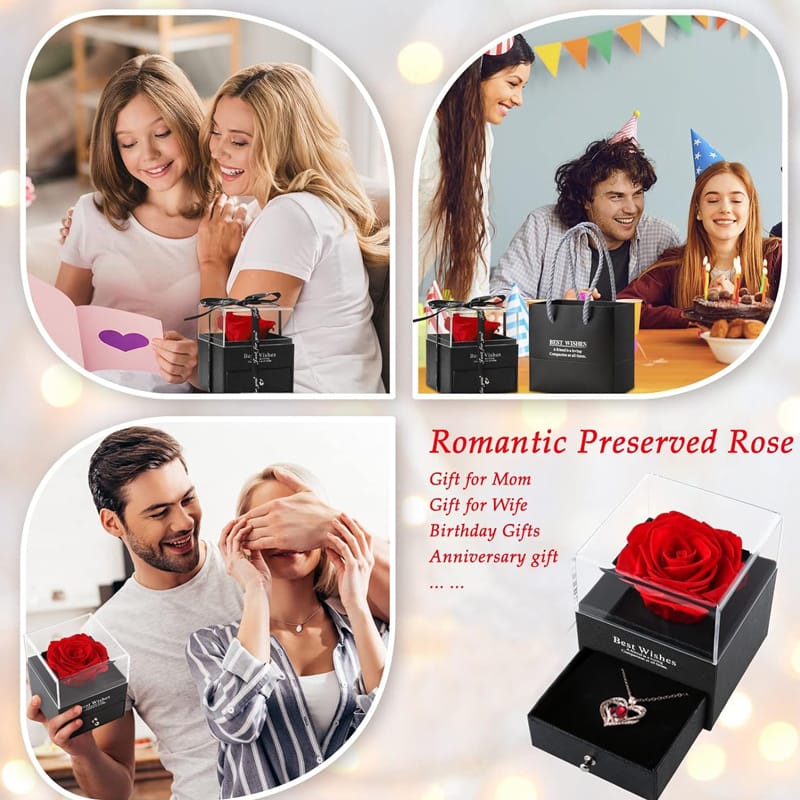 Heart shaped red rose necklace with gift box