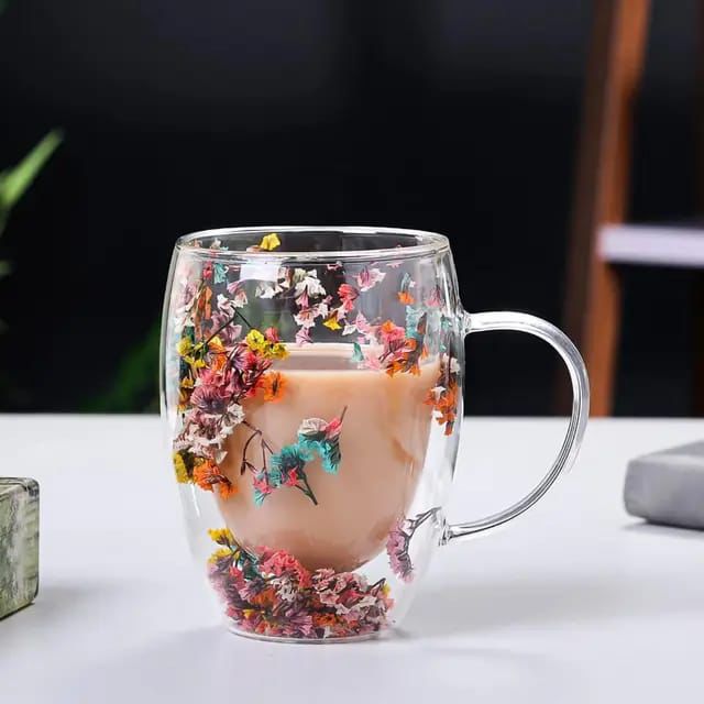 Insulated Double Wall Glass Cup Dried Flower Coffee Cup with Handle