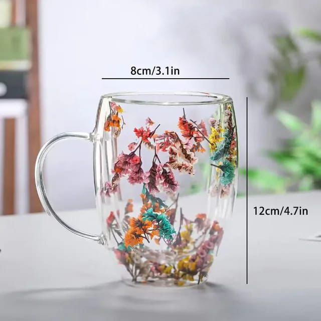 Insulated Double Wall Glass Cup Dried Flower Coffee Cup with Handle