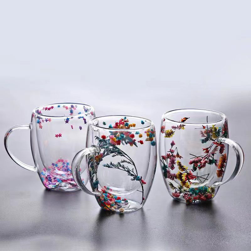 Insulated Double Wall Glass Cup Dried Flower Coffee Cup with Handle