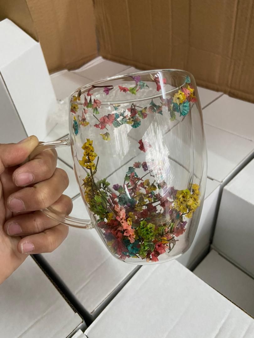 Insulated Double Wall Glass Cup Dried Flower Coffee Cup with Handle