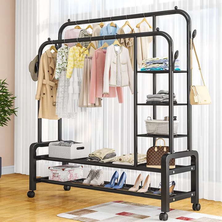 Double Layer Garment Rack Floor Standing Clothes Hanger