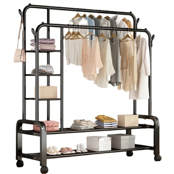 Double Layer Garment Rack Floor Standing Clothes Hanger