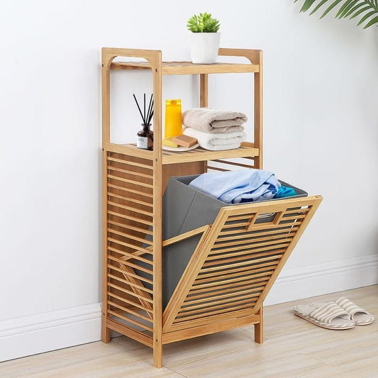 Laundry Hamper Bamboo Basket with removable fabric liner shelf rack.