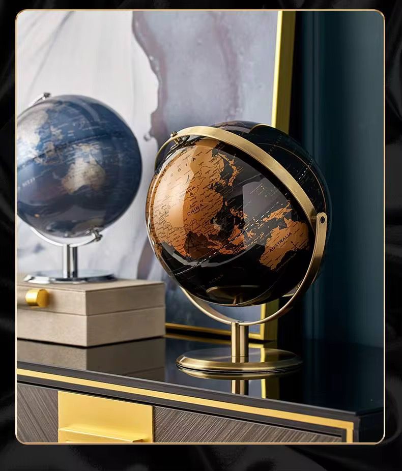 Desktop Figurines Rotating Retro Gold Black World Globe Metal Bracket Decor Desktop Decoration