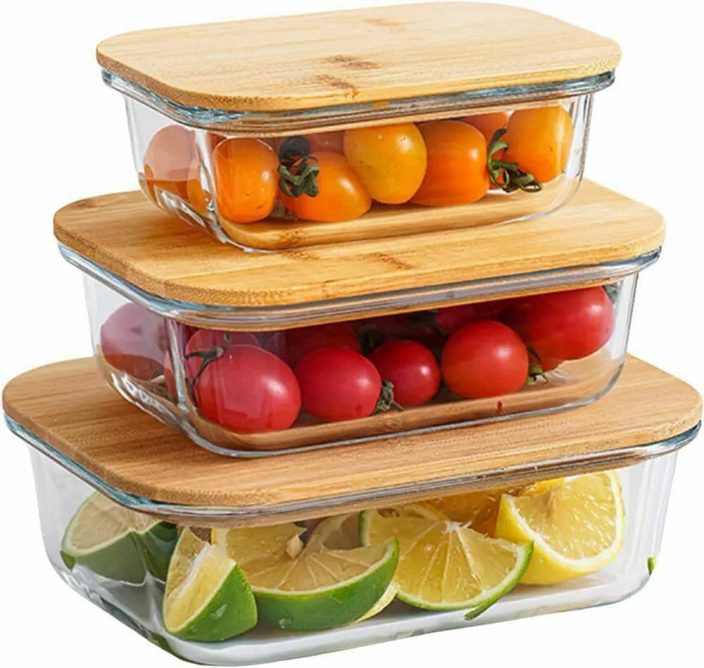 3pcs glass bowl storage container with bamboo lid