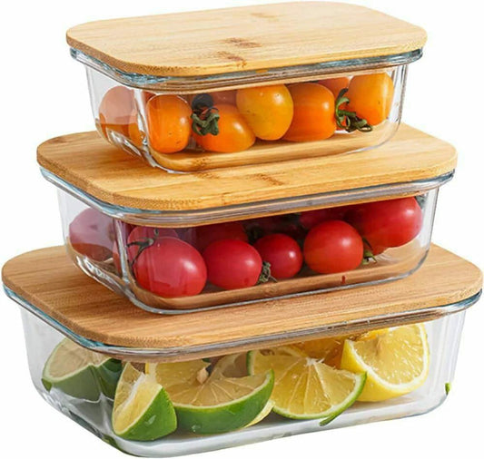 3pcs glass bowl storage container with bamboo lid