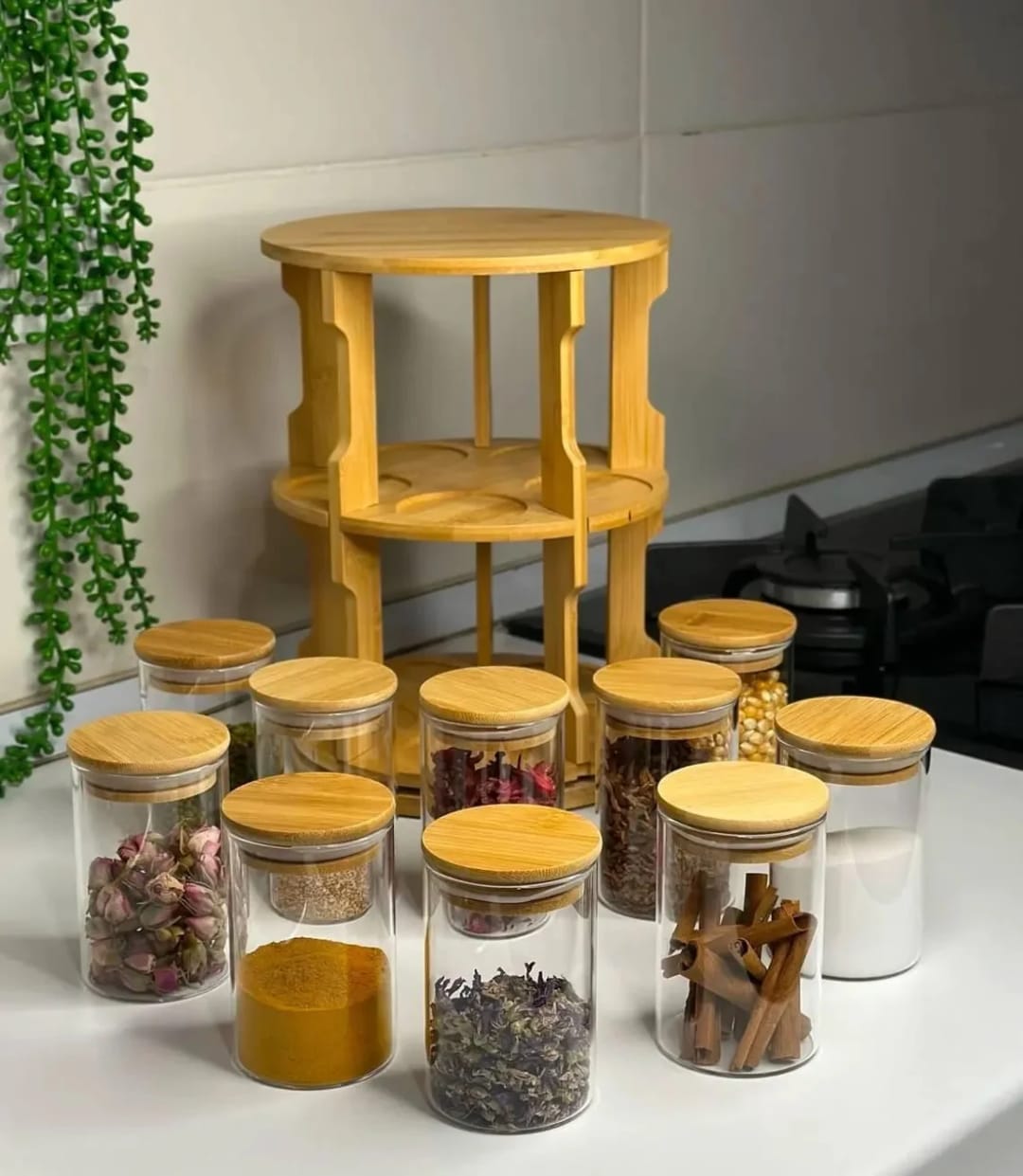 Rotating spice bamboo table rack with Jars