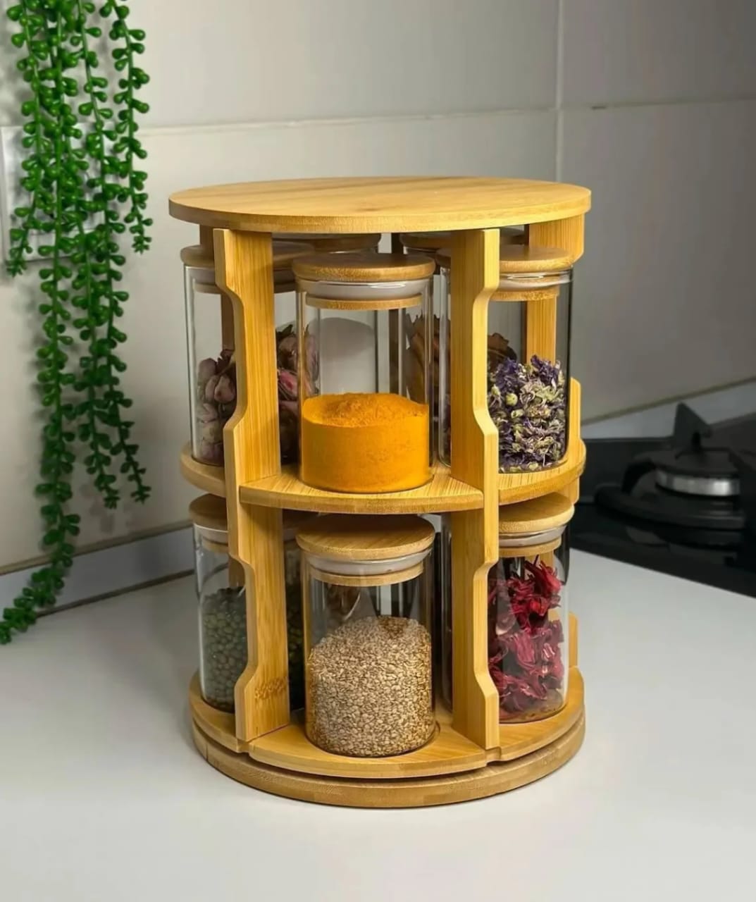 Rotating spice bamboo table rack with Jars