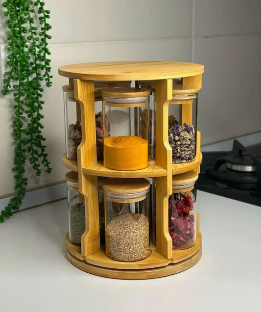 Rotating spice bamboo table rack with Jars