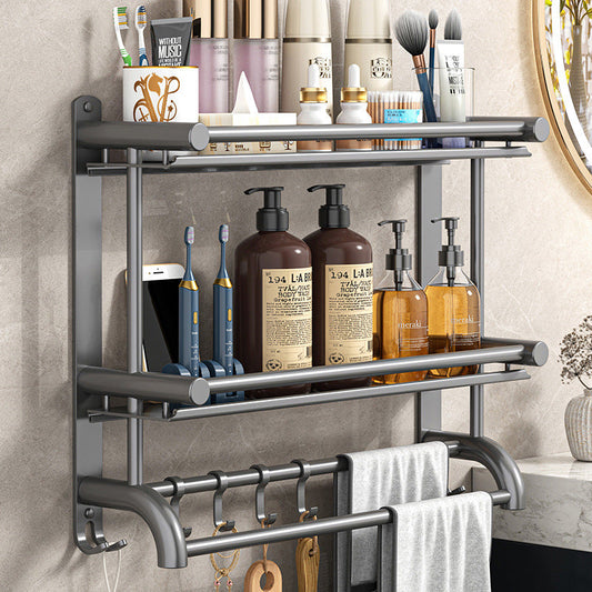 Double layer bathroom rack with hooks