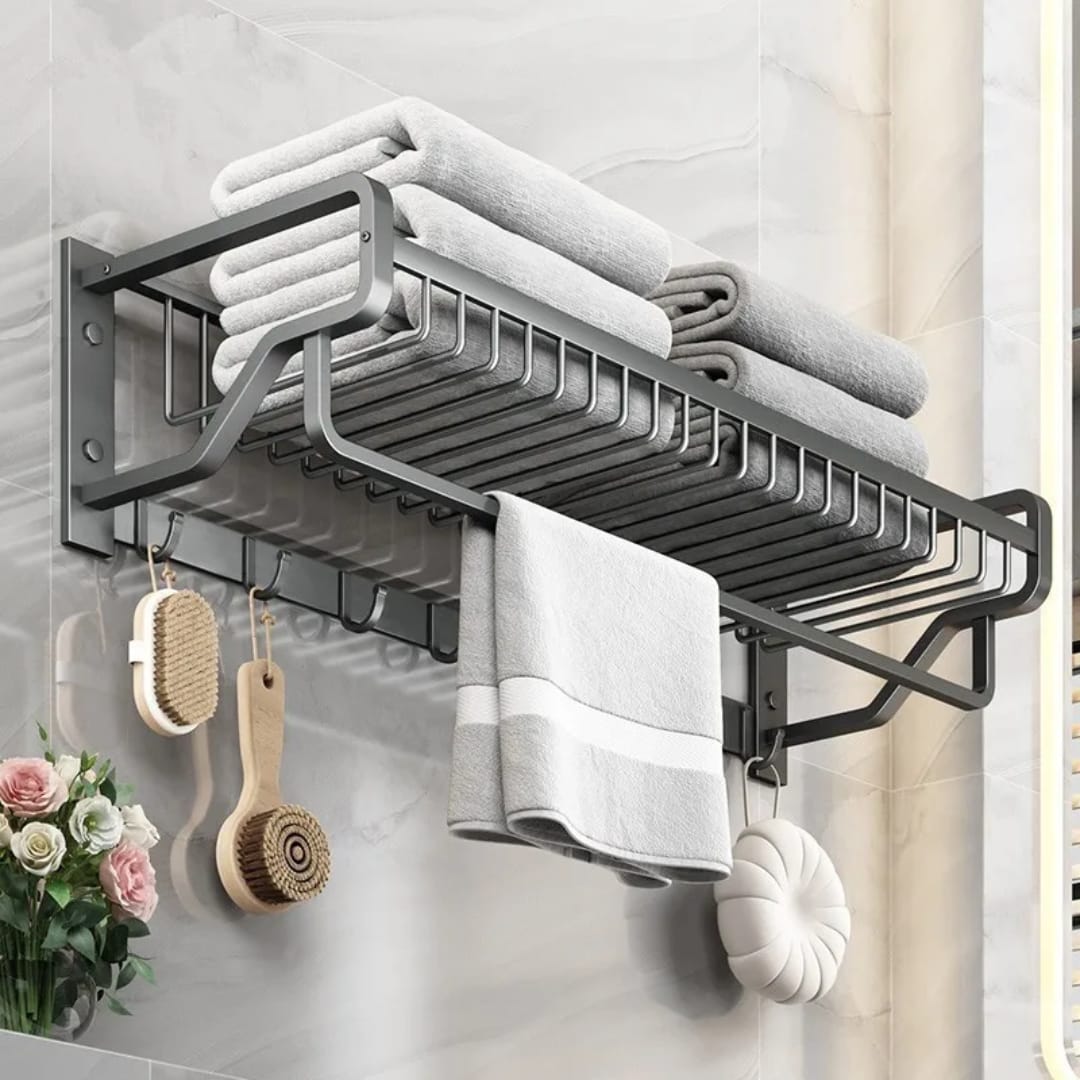 Bathroom wall mounted towel rack with hooks