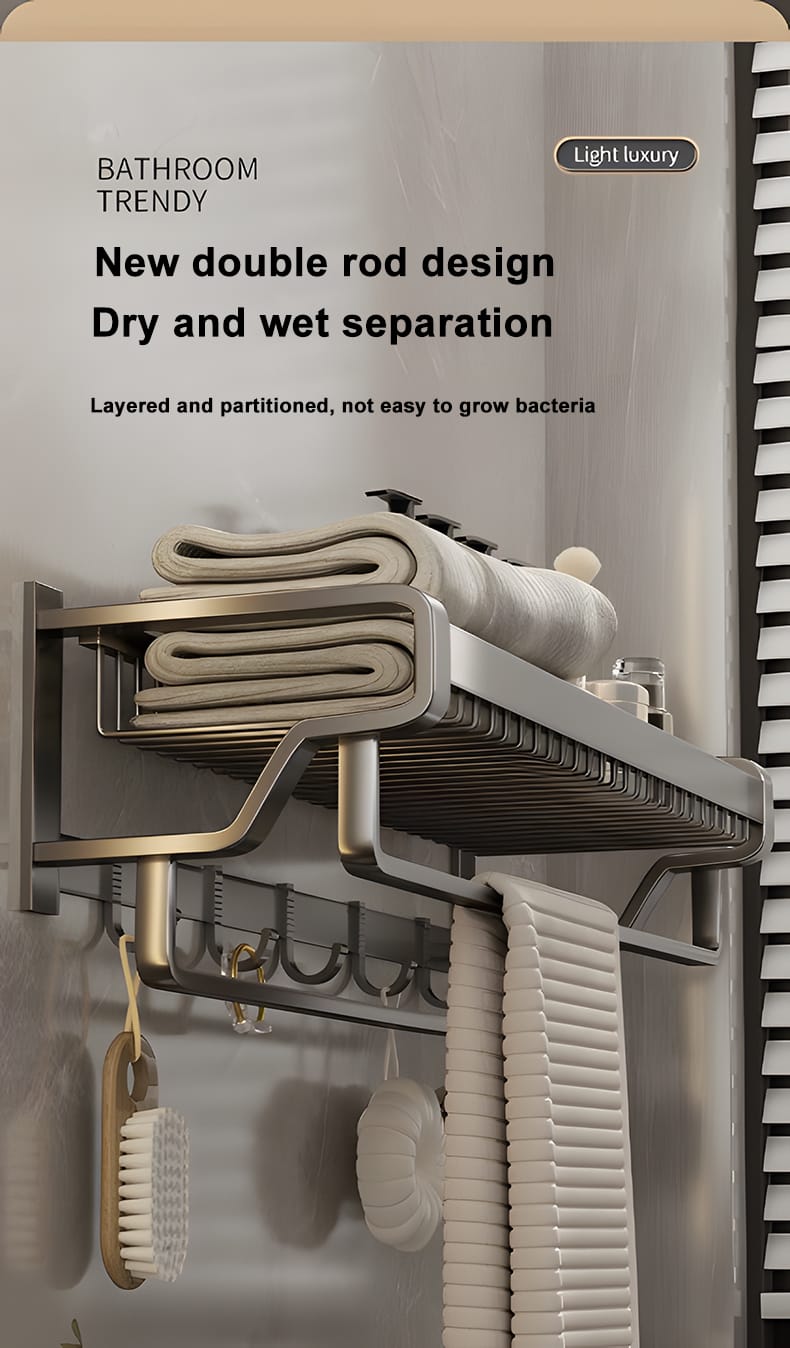 Bathroom wall mounted towel rack with hooks