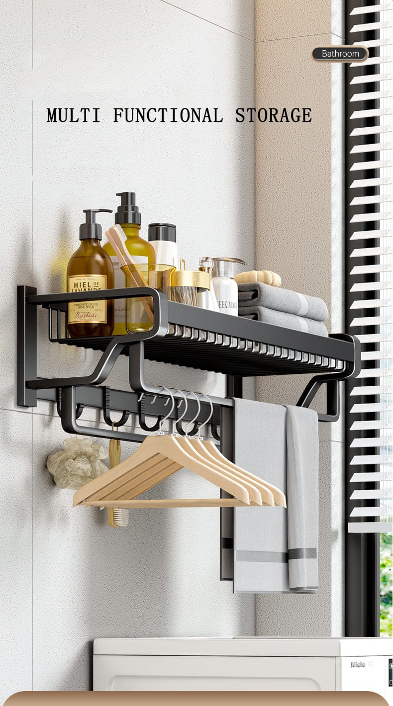 Bathroom wall mounted towel rack with hooks
