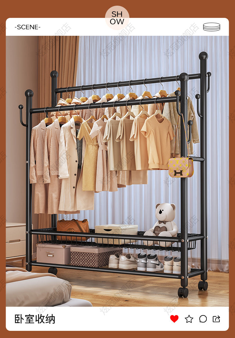 Double rails clothes rack with storage basket