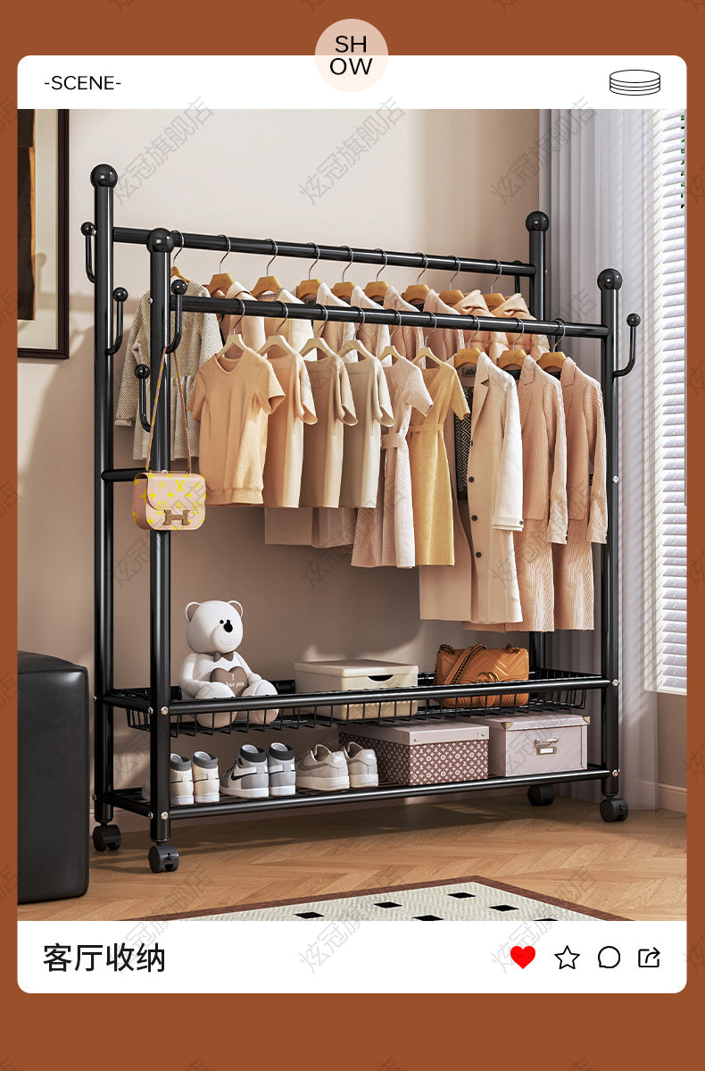 Double rails clothes rack with storage basket