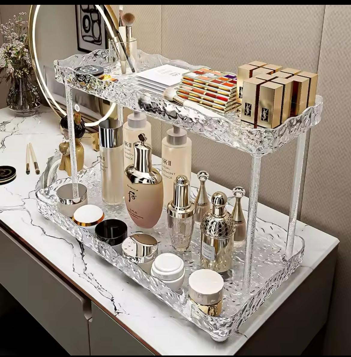 Two tier crystal-like makeup organizer.