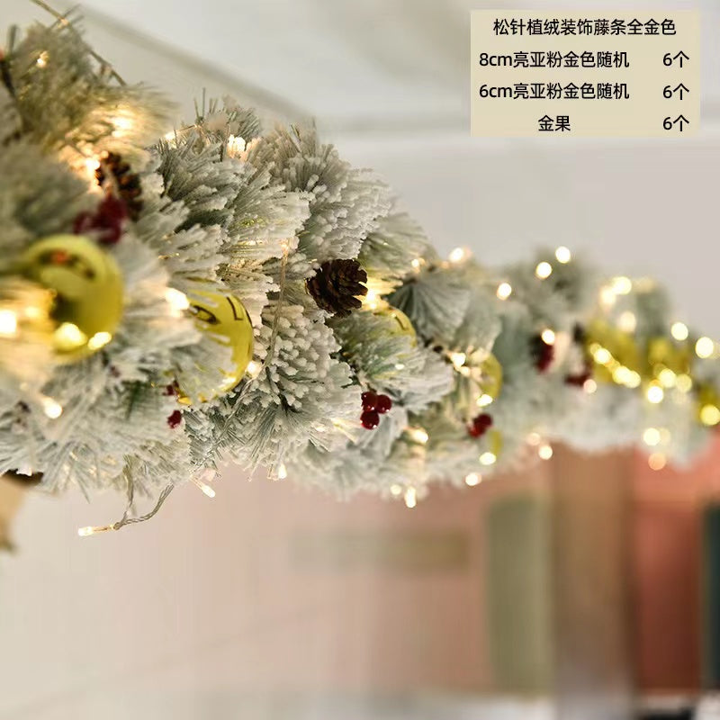 2.7M Christmas Pine Garland Snow Flocking with decorations and lighting