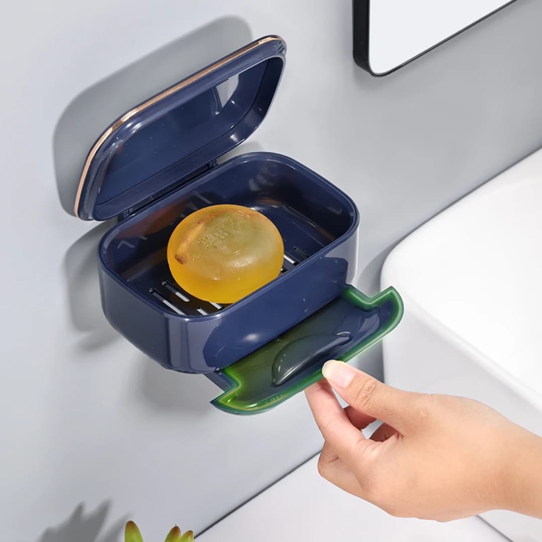 Wall-mounted soap dish with a lid and draining tray