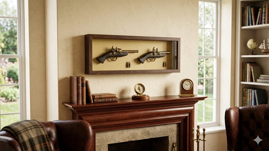 Antique Dual Gun Wall Decor set featuring two replica pistols and four bullets.