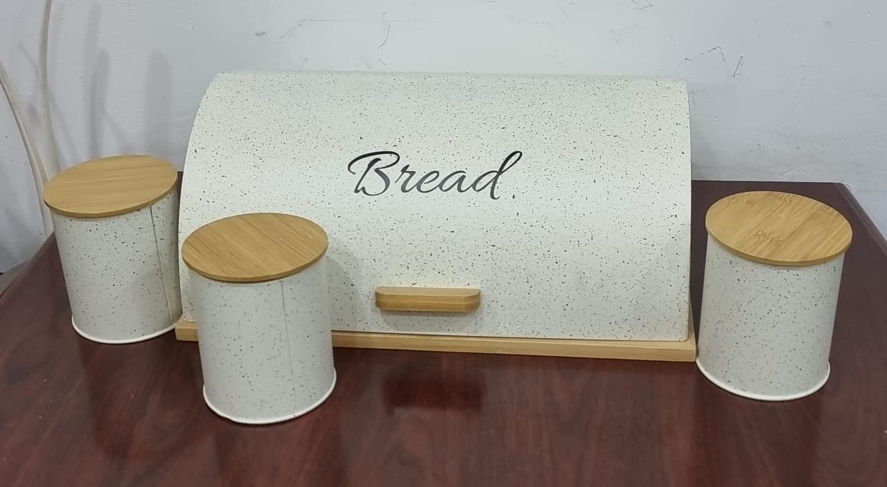 Bamboo base semi circular Flip bread bin 12L with 3 canisters each 600ml with bamboo lid