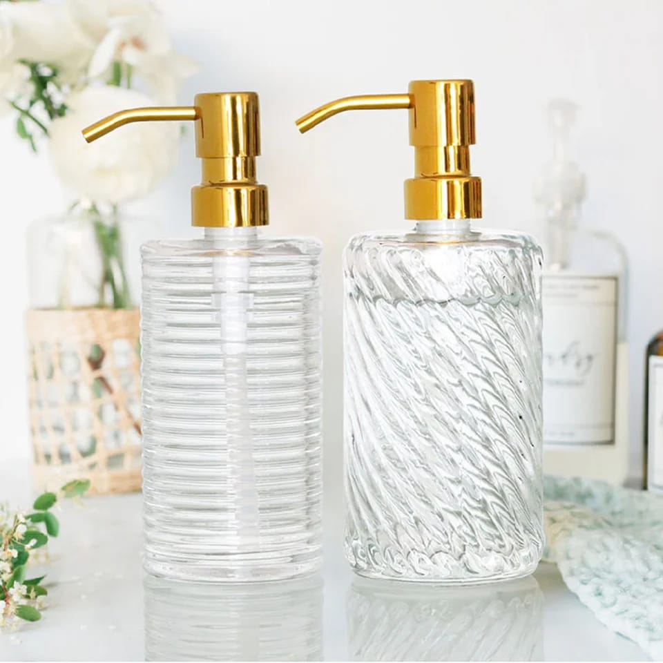 Golden Stainless Steel 400ml  Shampoo Soap Dispenser Vertical Pattern Glass Lotion Bottle
