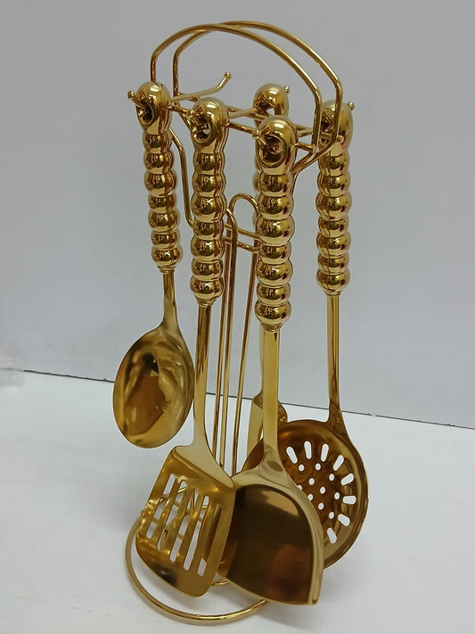 6 in 1 gold vanished serving spoon set with stand and ceramic handle