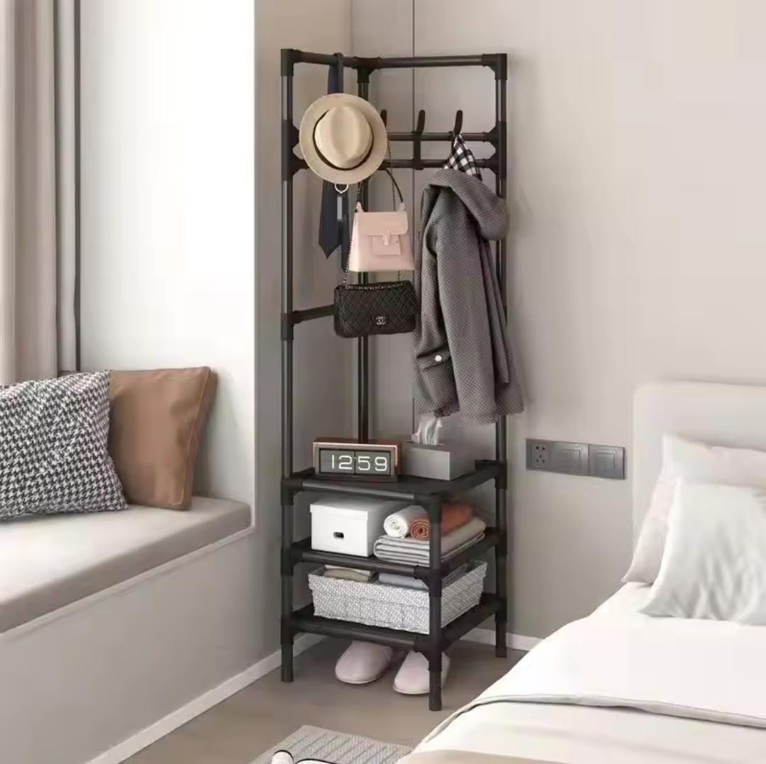 Multifunctional metallic corner coat hanging rack
