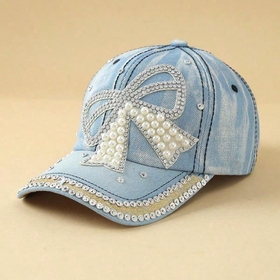 Bow pearl diamond denim baseball cap