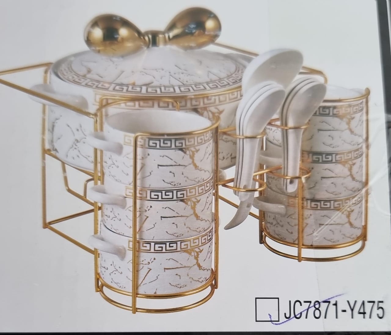 Ceramic marble-like soup bowls 1 soup touren on bamboo base + burner