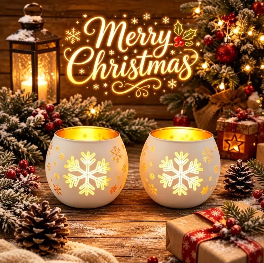 2Pc  Glass Snowflake Tealight Candle  Holders Set