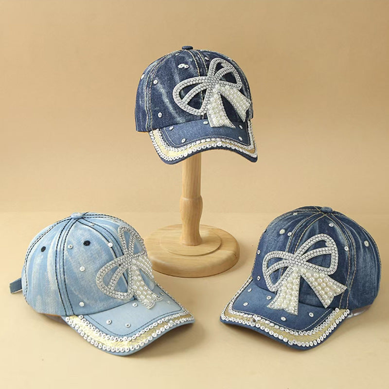 Bow pearl diamond denim baseball cap