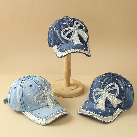 Bow pearl diamond denim baseball cap