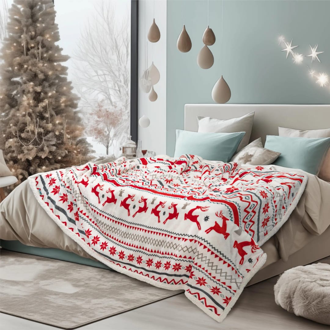 Navidad Christmas Reindeer Throw Blanket Double Layer Thicken Fluffy Soft Fleece Flannel Santa Claus Snowman Blanket Home Gift