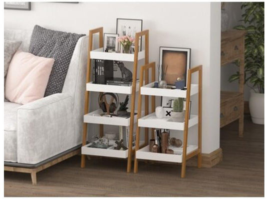 4 Tier Ladder Shelf Wood Storage Rack Shelving Unit Bathroom Shelf Freestanding Book Plant Storage Shelf Organizer for Living Room, Home Office