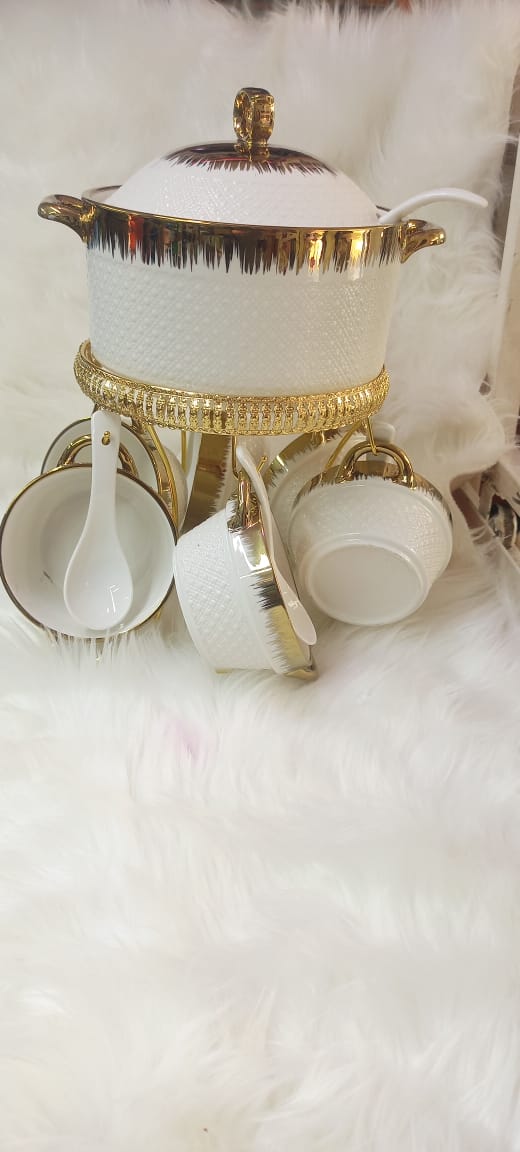 Ceramic white gold serving dish with soup bowls