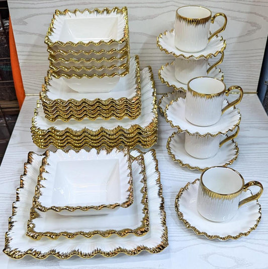 30pcs ceramic squared dinner set with gold rim